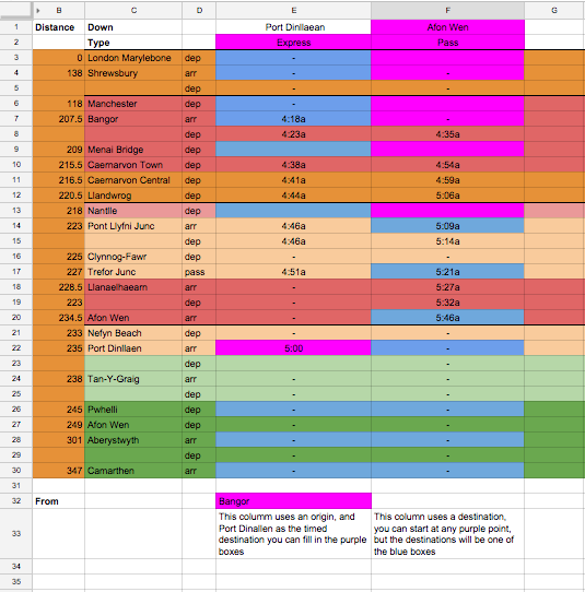 Timetabling with Google Sheets – Port Dinllaen Lines